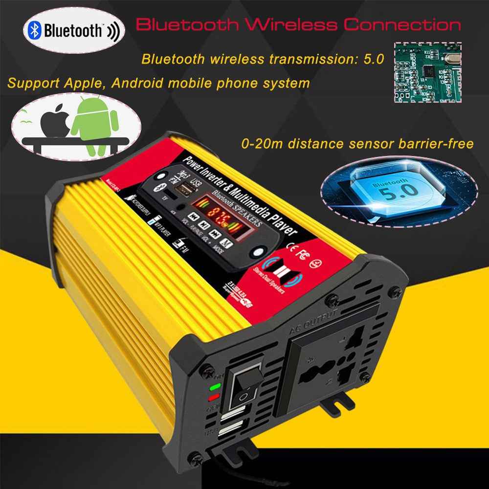 300W 12V to 220V Car Power Inverter with Bluetooth-compatible Multimedia Player MP3 Music FM Radio