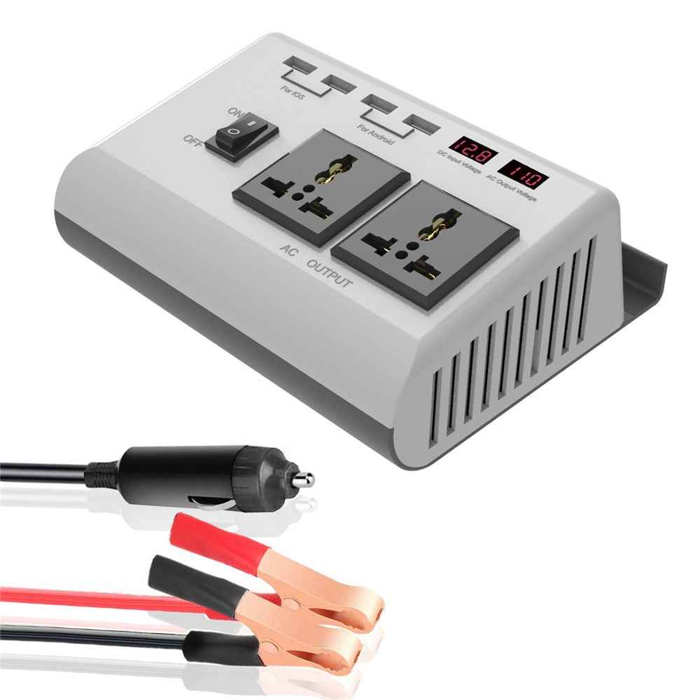 300W DC 12V to AC 220V Car Power Inverter with 4 USB Ports + 2 AC Outlets LCD Display Voltage Converter