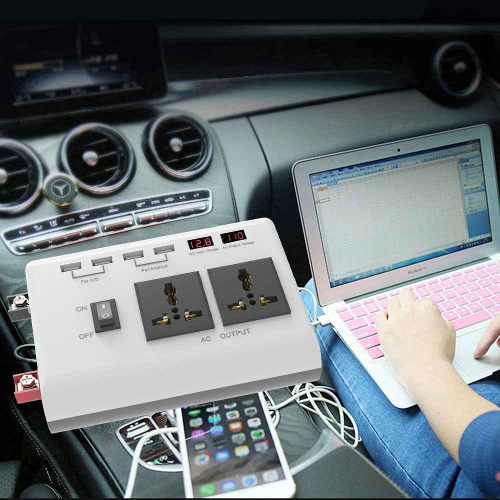 300W DC 12V to AC 220V Car Power Inverter with 4 USB Ports + 2 AC Outlets LCD Display Voltage Converter