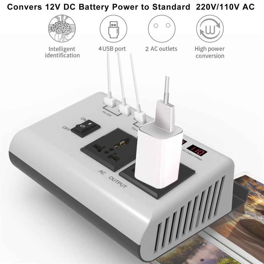300W DC 12V to AC 220V Car Power Inverter with 4 USB Ports + 2 AC Outlets LCD Display Voltage Converter