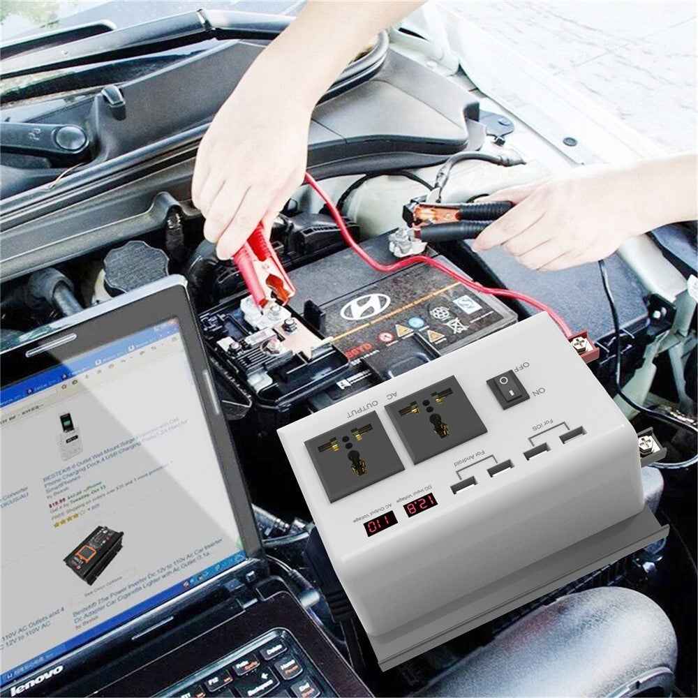 300W DC 12V to AC 220V Car Power Inverter with 4 USB Ports + 2 AC Outlets LCD Display Voltage Converter