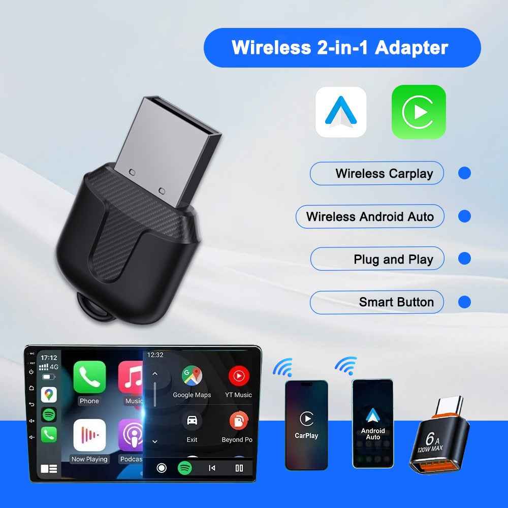 M25 2 in 1 For CarPlay  /  Android Auto Wired to Wireless Car Adapter Bluetooth-compatible 5.4 AI Box USB Dongle