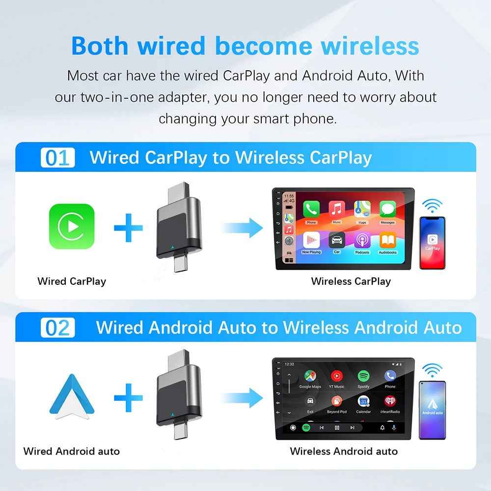 M28 2 in 1 Type C + USB Wireless CarPlay AI Box Android Auto Wired to Wireless Car Adapter