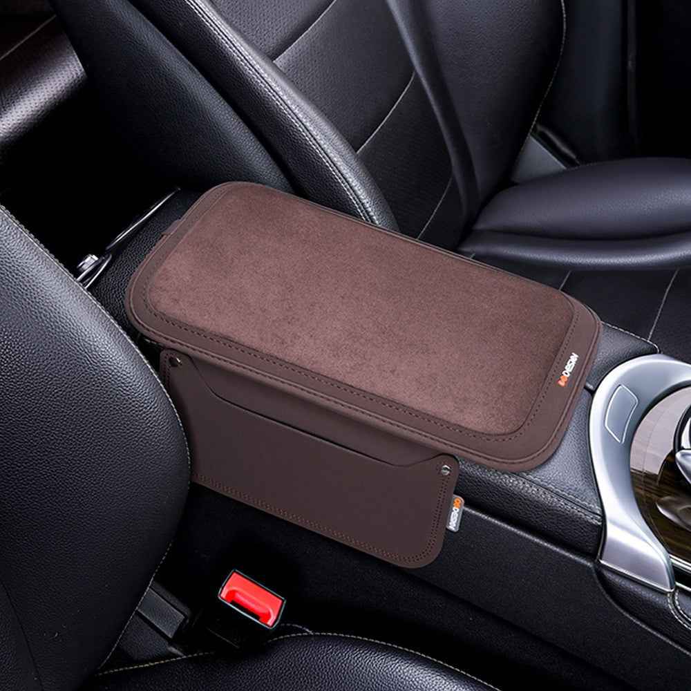 For Performance X3 / X4 / F30 / F06 / F02 Car Armrest Pad Leather Elbow Rest Cover with Storage Pocket - Coffee