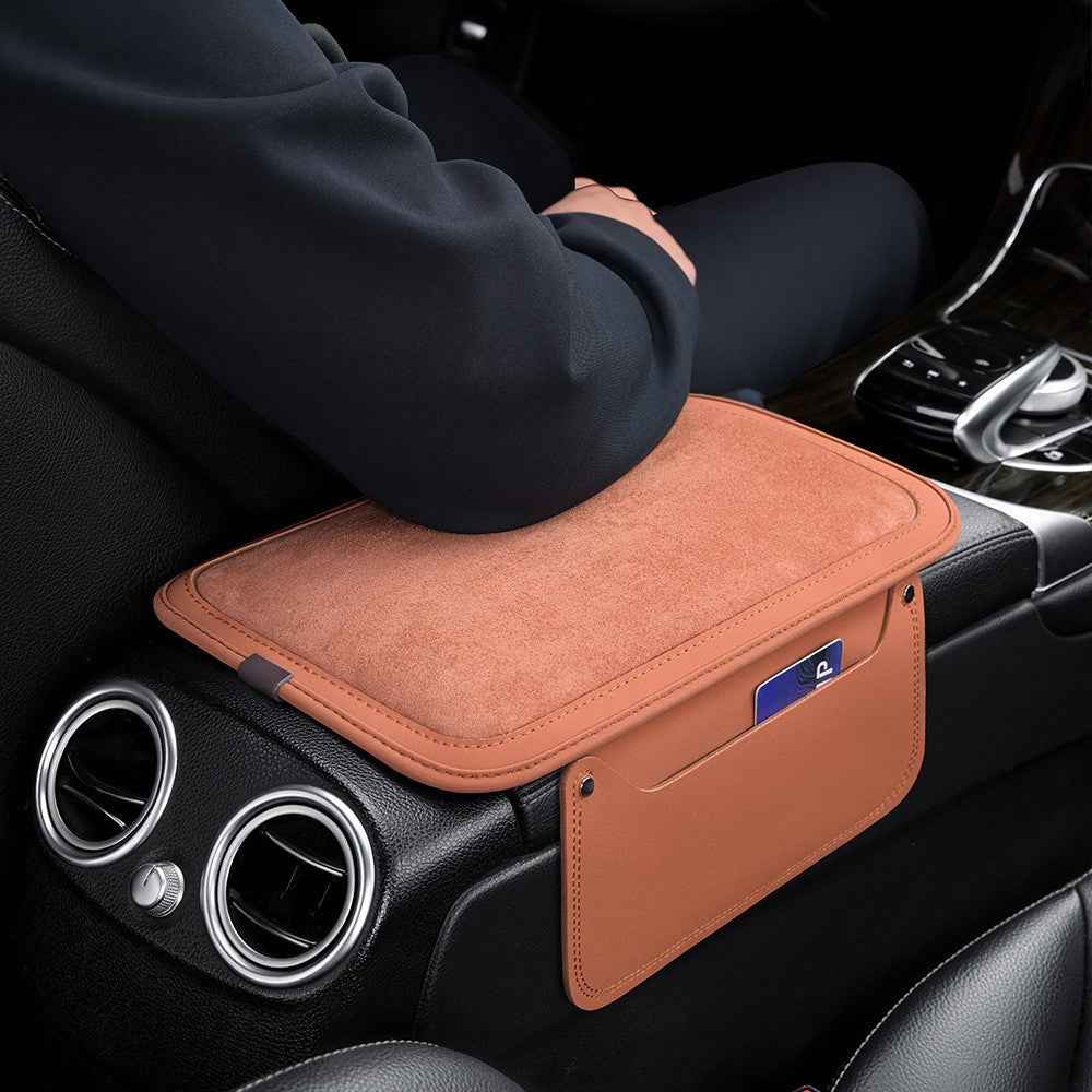 For Performance X3 / X4 / F30 / F06 / F02 Car Armrest Pad Leather Elbow Rest Cover with Storage Pocket - Coffee