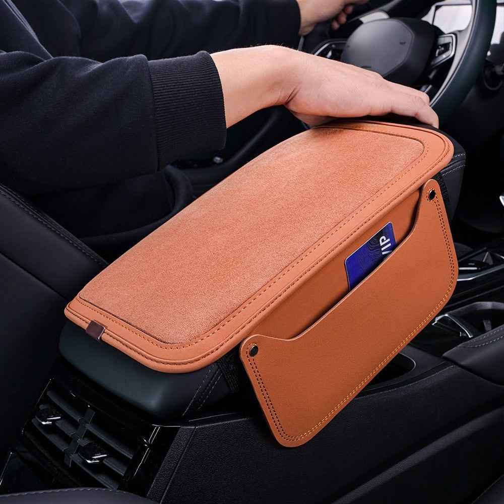 For Performance X3 / X4 / F30 / F06 / F02 Car Armrest Pad Leather Elbow Rest Cover with Storage Pocket - Coffee