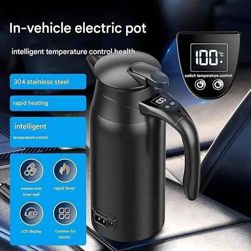 800ml Electric Kettle for 12V / 24V Car Smart Temperature Control Dual Layer Stainless Steel Water Heater Pot (BPA Free, No FDA)