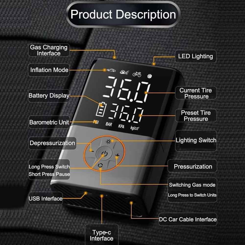 60W 150PSI Portable Wireless Mini Car Tire Air Pump Digital Display Handheld Inflator with LED Light