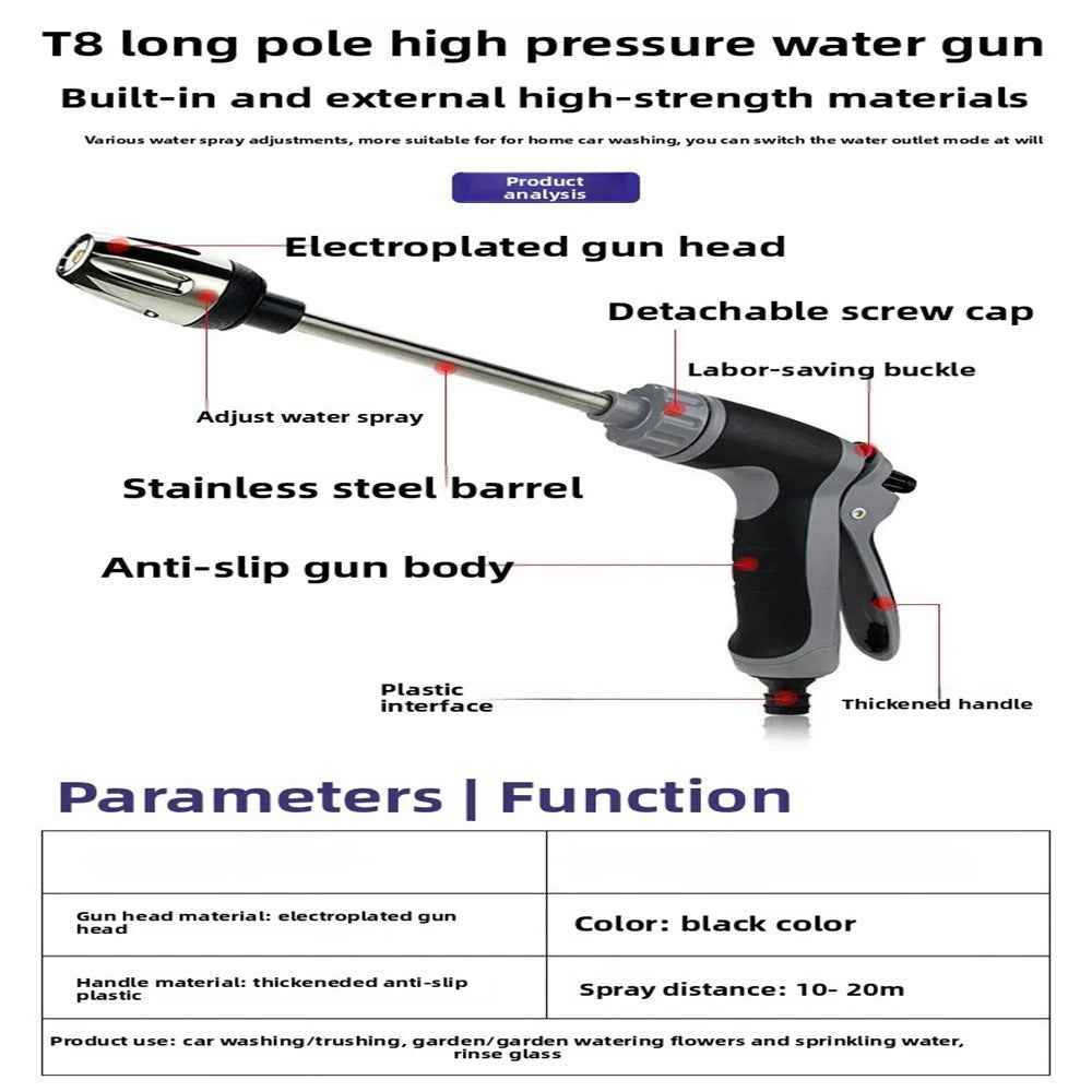 T8 Extended Pole High Pressure Handheld Water Gun for Car Wash Foam Sprayer Cleaning Tool - Blue