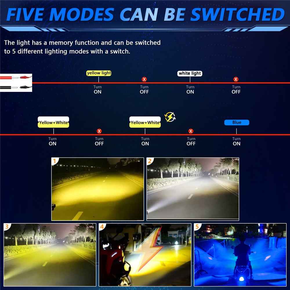 M10 1Pc Motorcycle LED Spotlight Blue Warning Light 5 Modes IP67 Waterproof Auxiliary Lamp