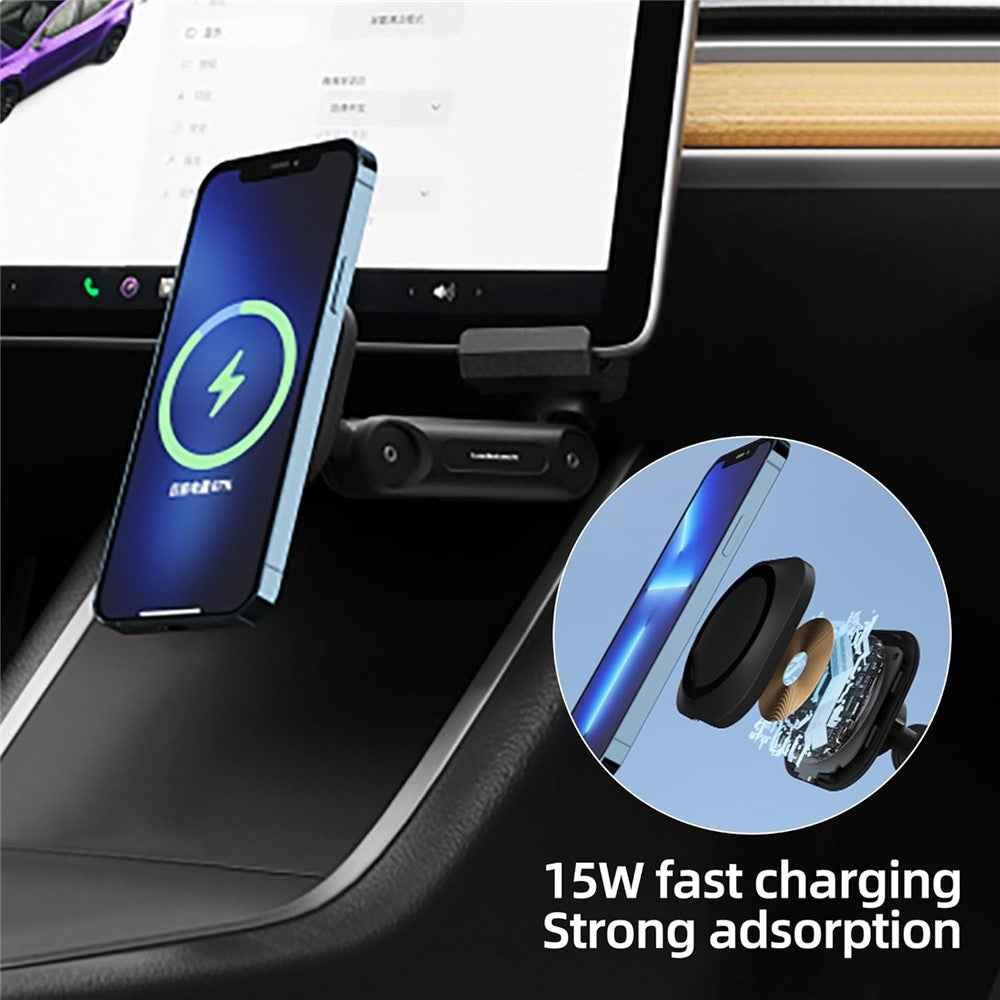 LD-TS2-M4 For Tesla Model 3  /  Y Central Control Screen Dual Arm Magnetic Car Phone Holder 15W Wireless Charger Cellphone Support