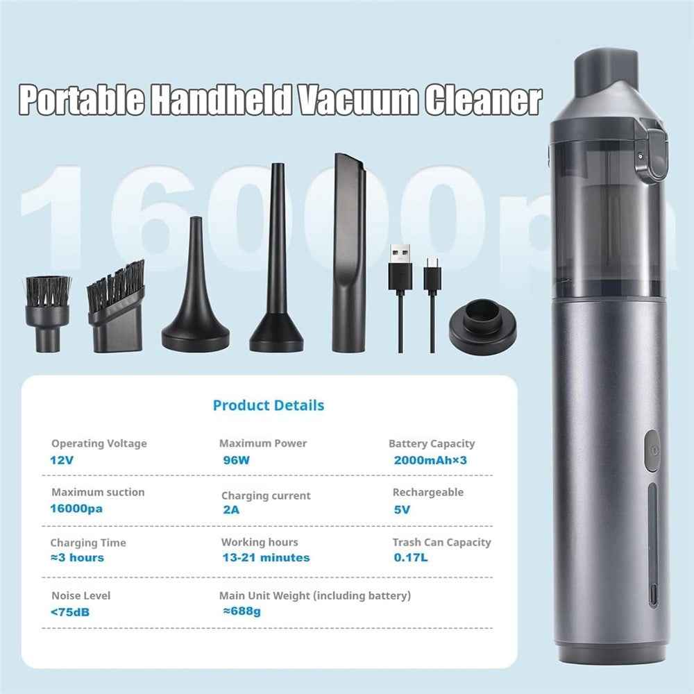 Portable Car Vacuum Cleaner 16000Pa High Suction Handheld Cordless Vacuum Blower for Auto / Home Cleaning - Black  /  Orange