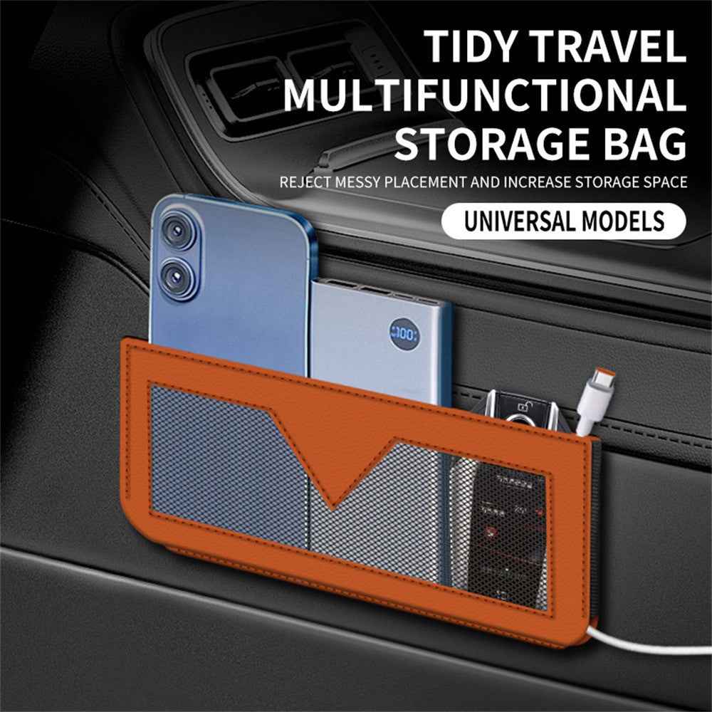 PU Leather Car Storage Bag Multi-Functional Mesh Pouch Adhesive Phone Holder for Vehicle Interior Organization - Orange