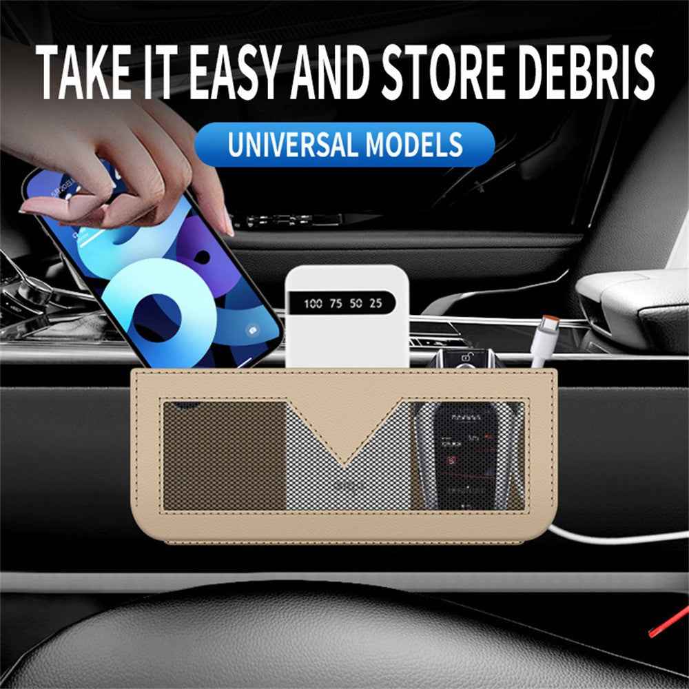 PU Leather Car Storage Bag Multi-Functional Mesh Pouch Adhesive Phone Holder for Vehicle Interior Organization - Orange