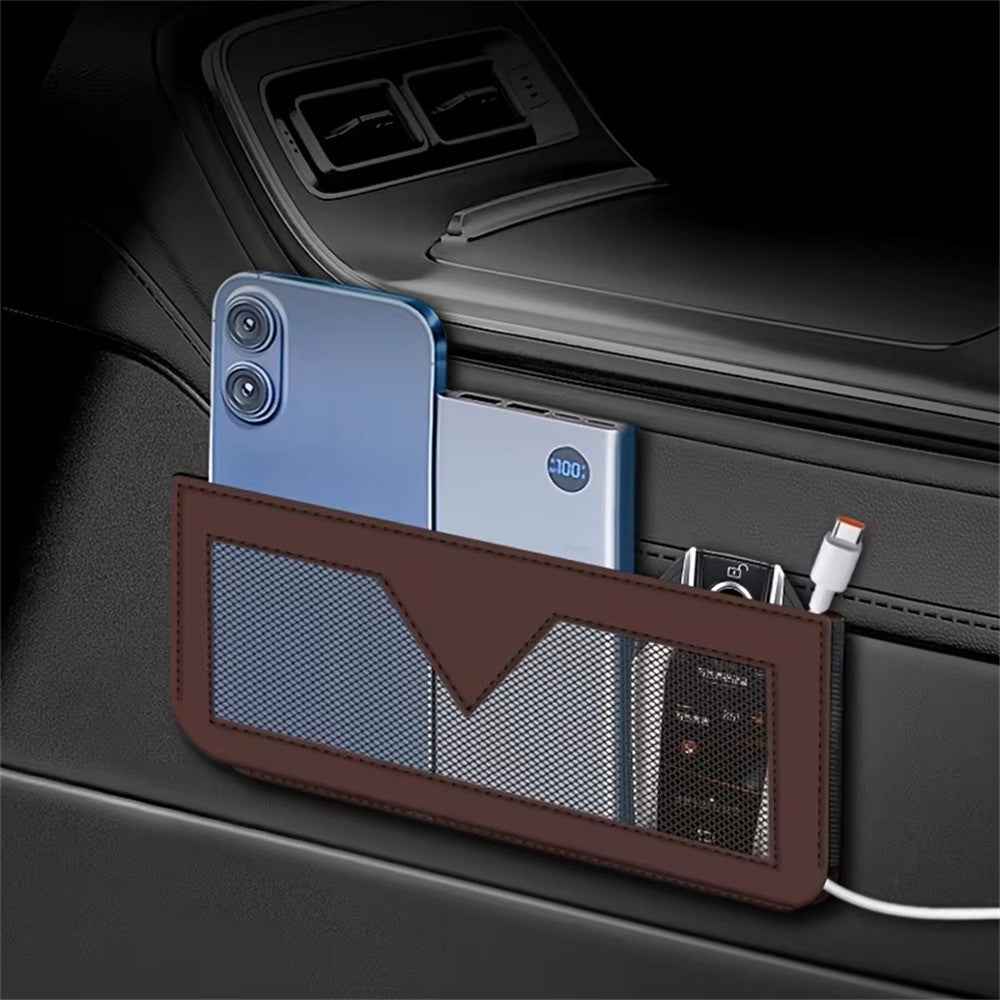 PU Leather Car Storage Bag Multi-Functional Mesh Pouch Adhesive Phone Holder for Vehicle Interior Organization - Brown