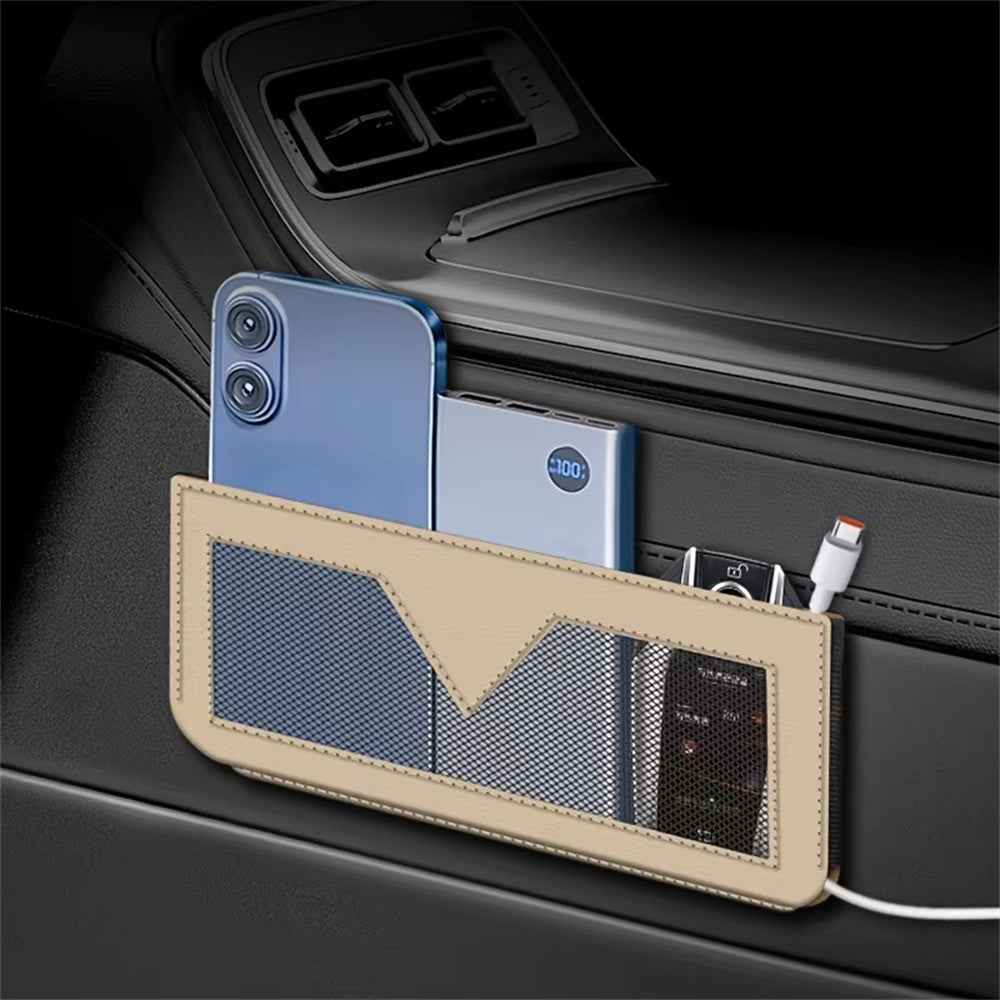 PU Leather Car Storage Bag Multi-Functional Mesh Pouch Adhesive Phone Holder for Vehicle Interior Organization - Beige