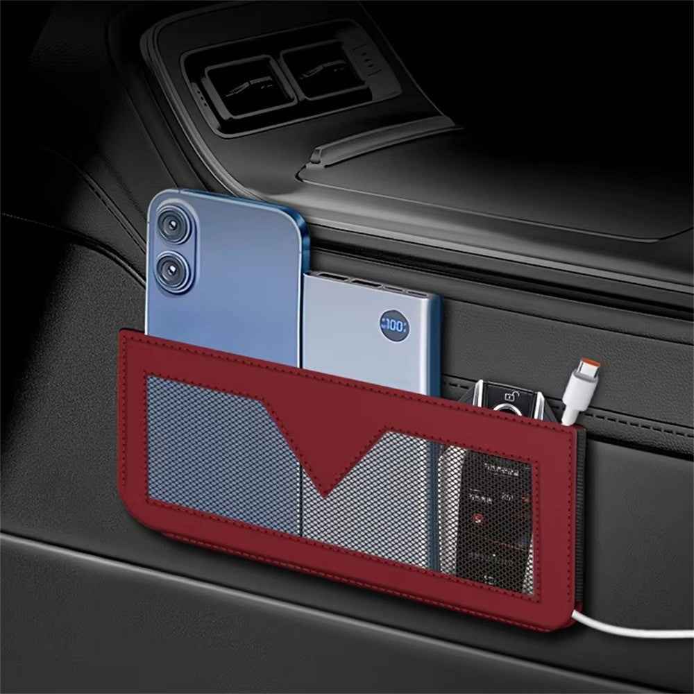 PU Leather Car Storage Bag Multi-Functional Mesh Pouch Adhesive Phone Holder for Vehicle Interior Organization - Red
