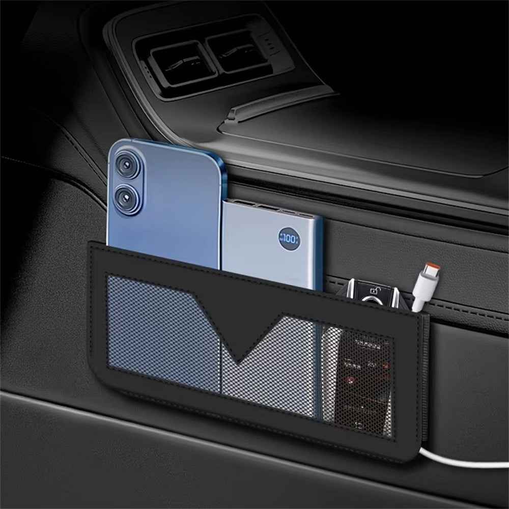 PU Leather Car Storage Bag Multi-Functional Mesh Pouch Adhesive Phone Holder for Vehicle Interior Organization - Black