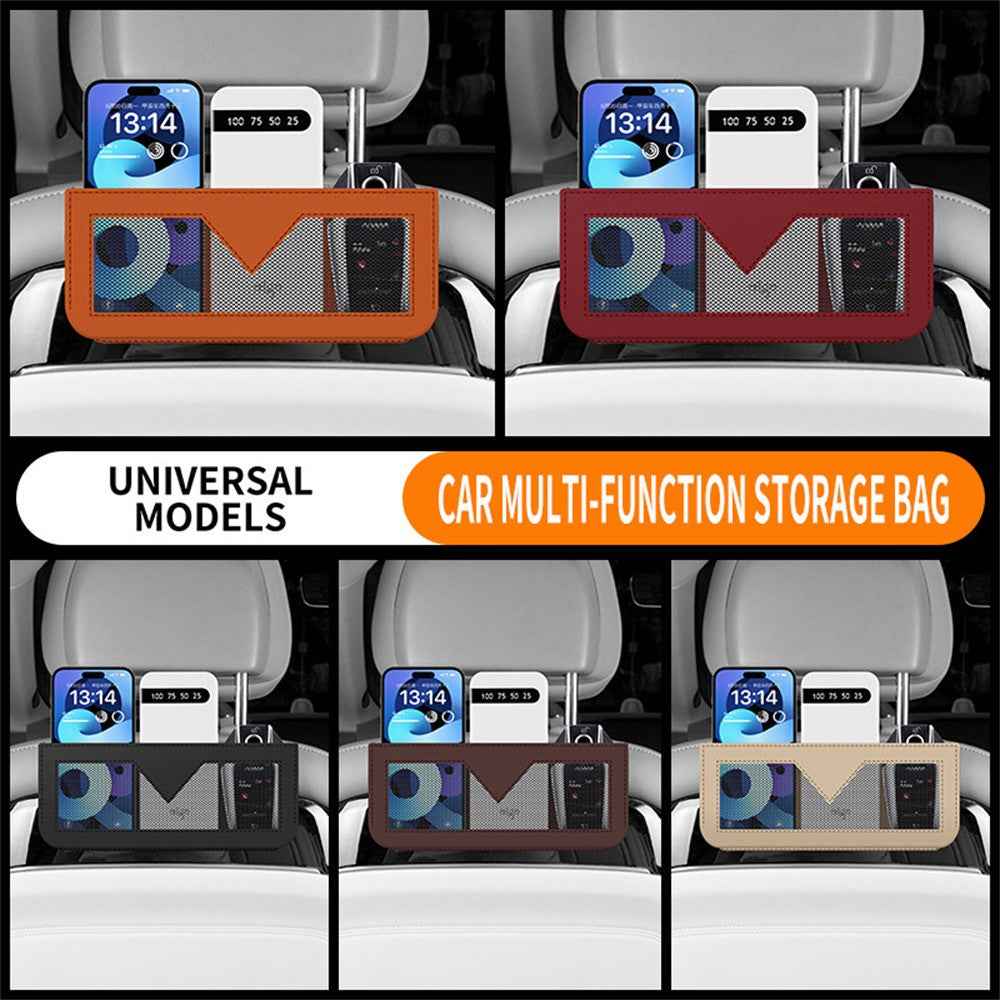PU Leather Car Storage Bag Multi-Functional Mesh Pouch Adhesive Phone Holder for Vehicle Interior Organization - Black