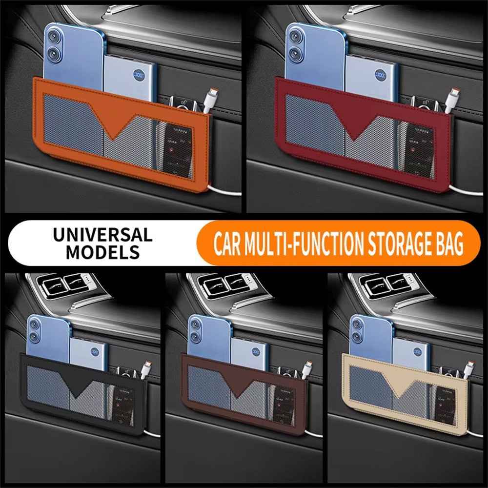 PU Leather Car Storage Bag Multi-Functional Mesh Pouch Adhesive Phone Holder for Vehicle Interior Organization - Black