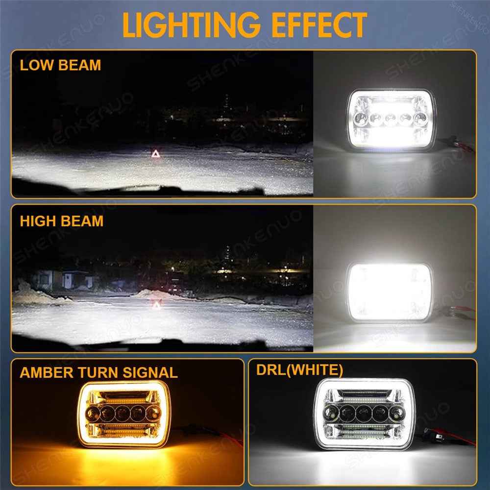 7 Inch 5-LED Square Headlight Dual Color High Low Beam Car DRL Turn Signal Daytime Running Lamp
