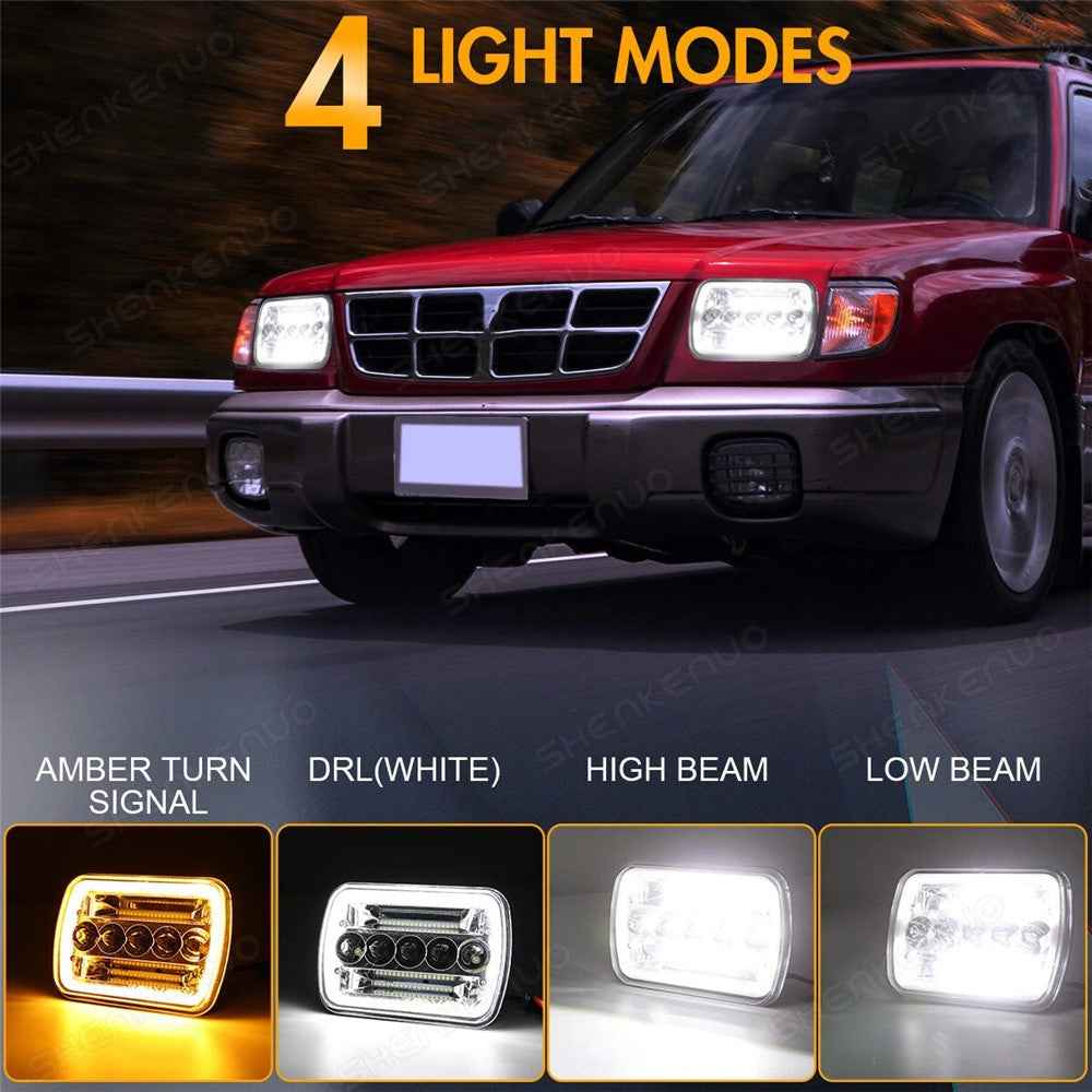 7 Inch 5-LED Square Headlight Dual Color High Low Beam Car DRL Turn Signal Daytime Running Lamp