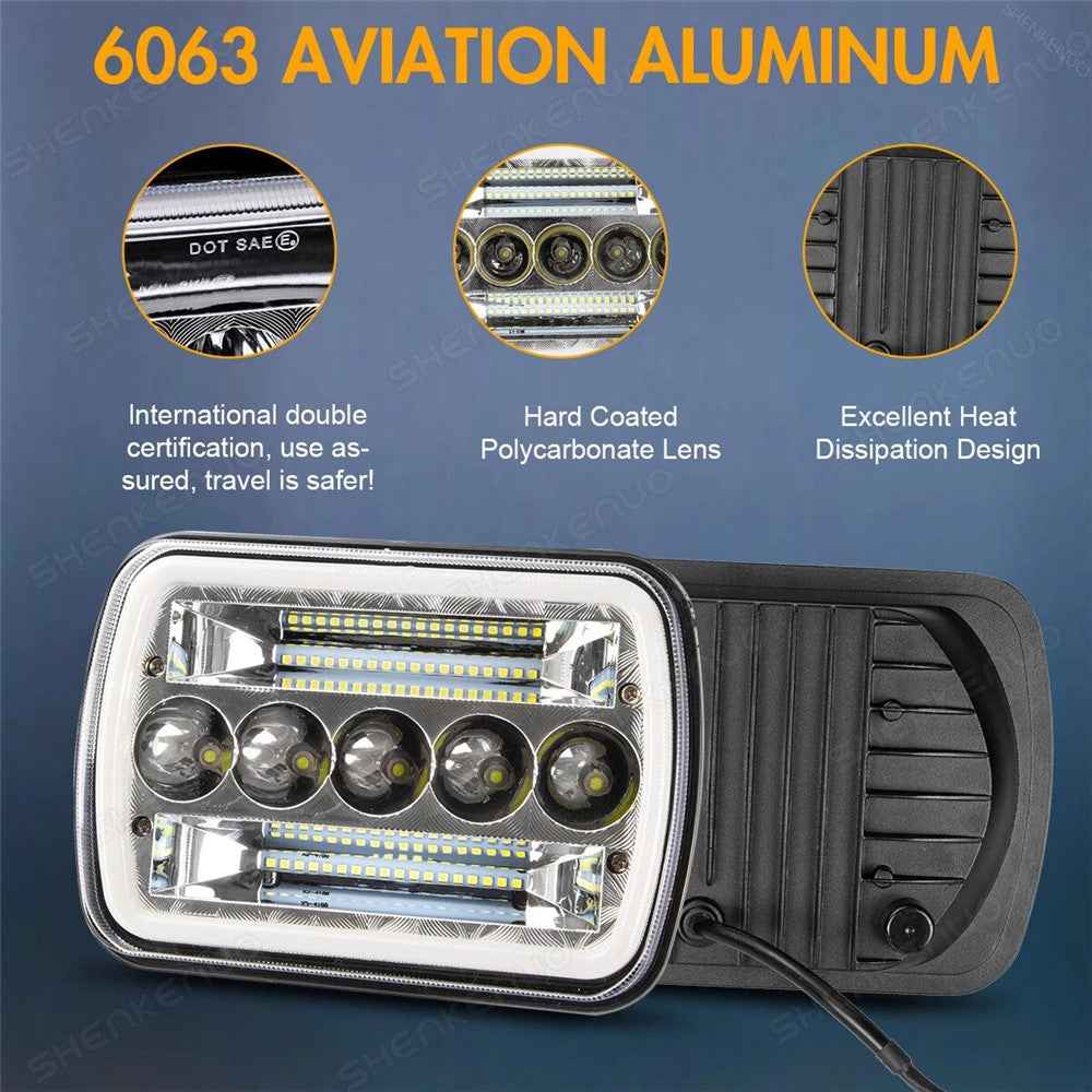 7 Inch 5-LED Square Headlight Dual Color High Low Beam Car DRL Turn Signal Daytime Running Lamp