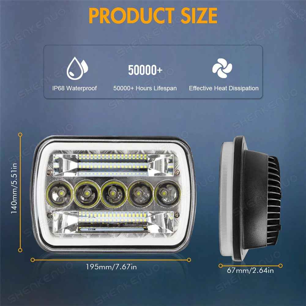 7 Inch 5-LED Square Headlight Dual Color High Low Beam Car DRL Turn Signal Daytime Running Lamp