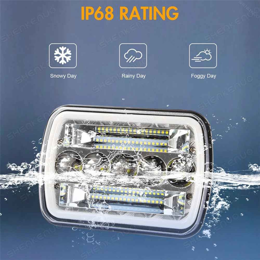 7 Inch 5-LED Square Headlight Dual Color High Low Beam Car DRL Turn Signal Daytime Running Lamp