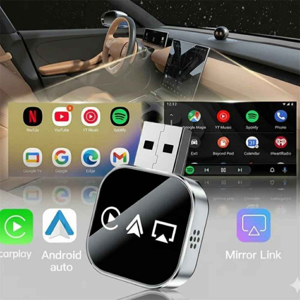 Q1AS 3 in 1 Airplay Smart AI Box for Apple CarPlay Android Auto Wired to Wireless Adapter - Black