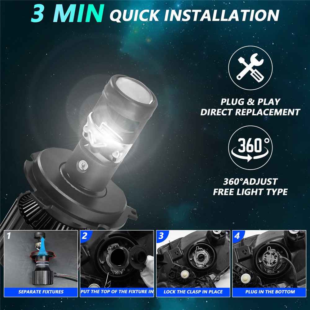 N1 For H4 High Power LED Headlight Bulb Dual Copper Tube Mini Lens 65W 6500LM 6000K CSP Chip