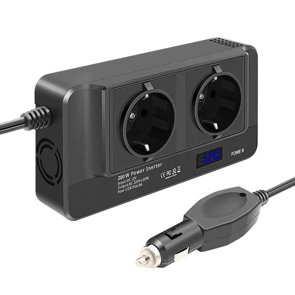 12V to 220V Converter Digital Display 200W Car Power Inverter with Dual EU Sockets and 4 USB Ports