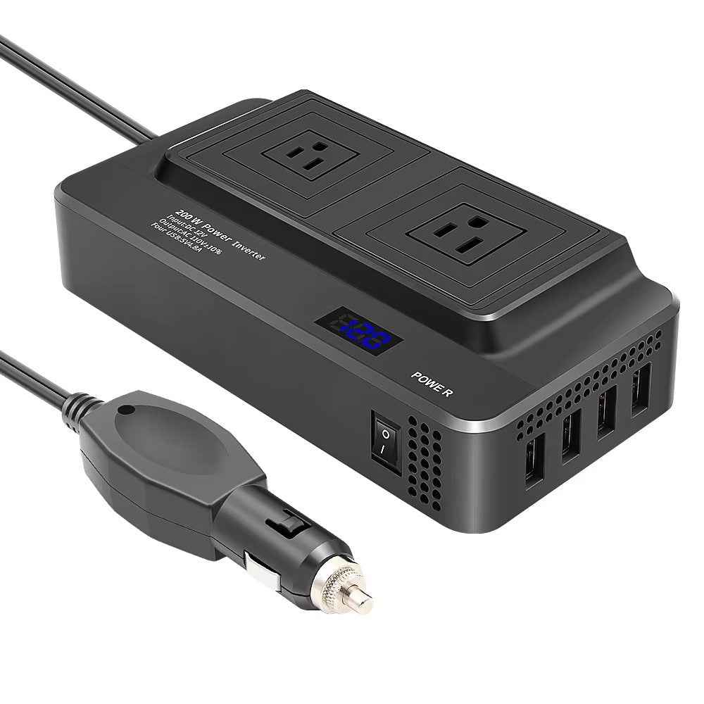 12V to 220V Converter Digital Display 200W Car Power Inverter with Dual EU Sockets and 4 USB Ports