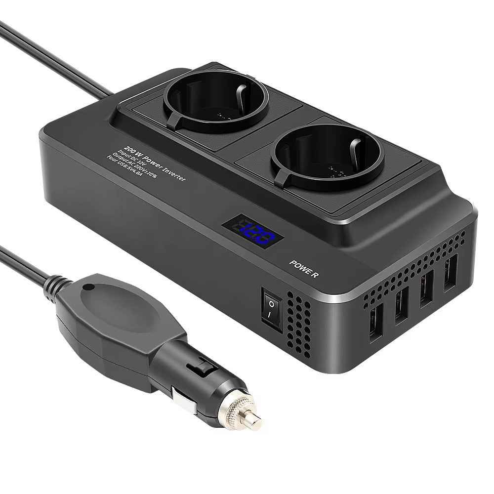 12V to 220V Converter Digital Display 200W Car Power Inverter with Dual EU Sockets and 4 USB Ports