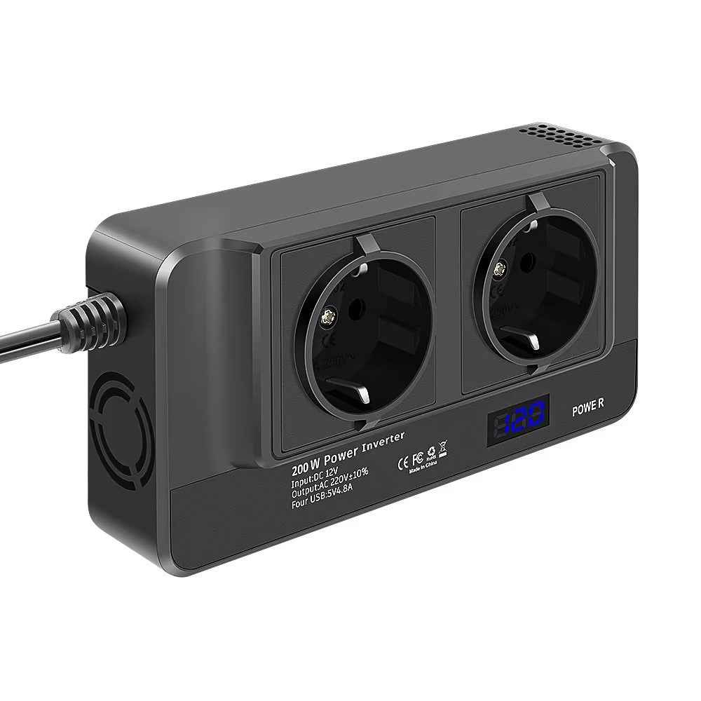 12V to 220V Converter Digital Display 200W Car Power Inverter with Dual EU Sockets and 4 USB Ports