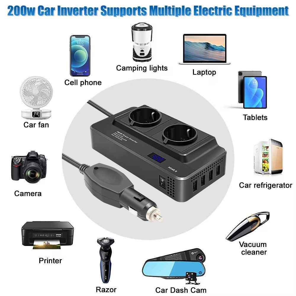 12V to 220V Converter Digital Display 200W Car Power Inverter with Dual EU Sockets and 4 USB Ports