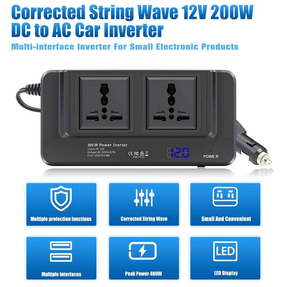 Digital Display Car Power Inverter 12V to 220V Converter Universal Socket Strip with 2 AC Outlets and 4 USB Ports