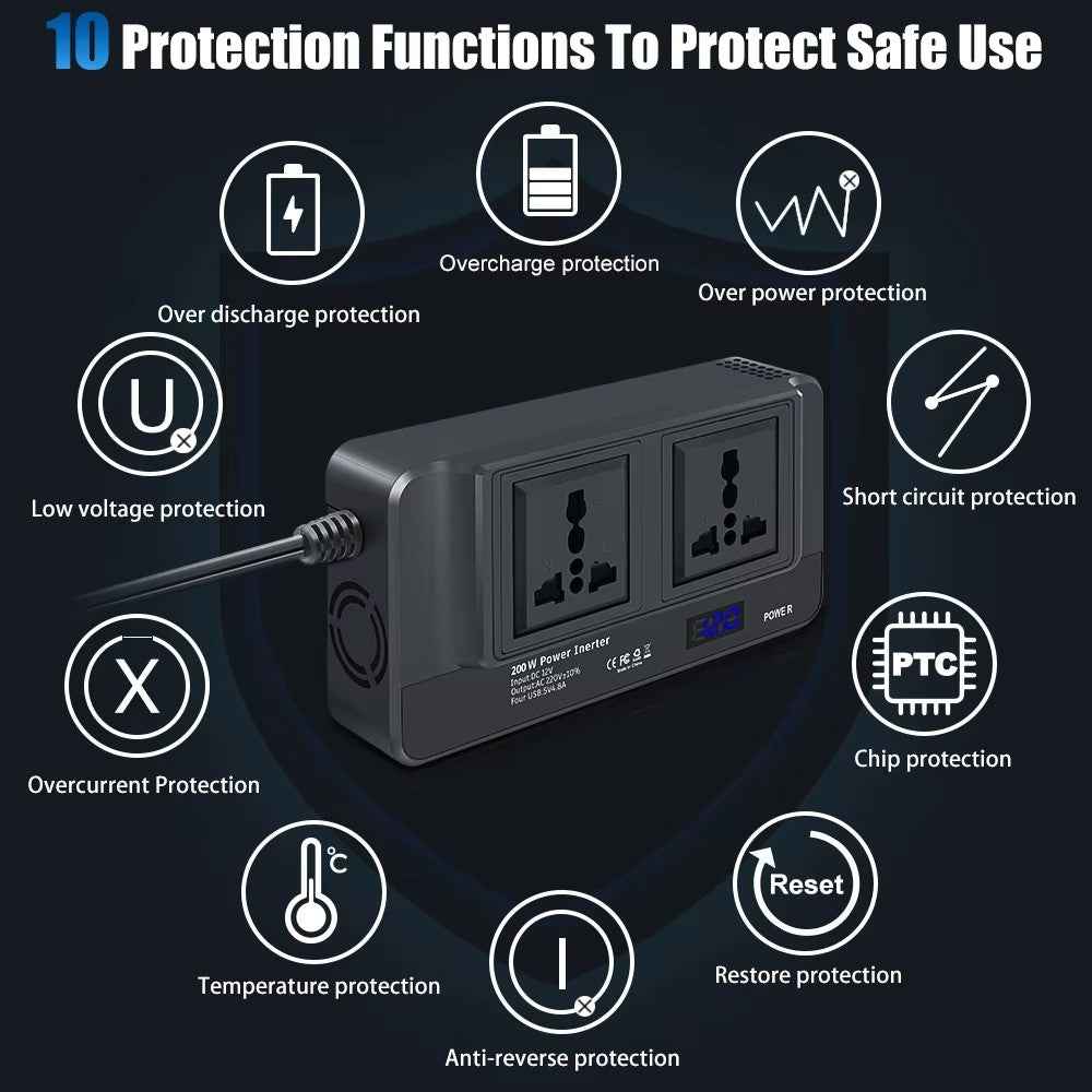 Digital Display Car Power Inverter 12V to 220V Converter Universal Socket Strip with 2 AC Outlets and 4 USB Ports
