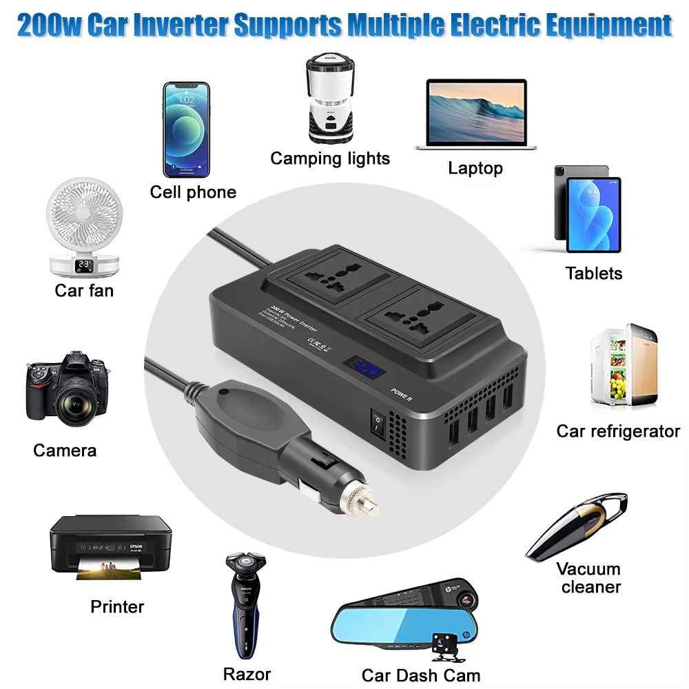 Digital Display Car Power Inverter 12V to 220V Converter Universal Socket Strip with 2 AC Outlets and 4 USB Ports