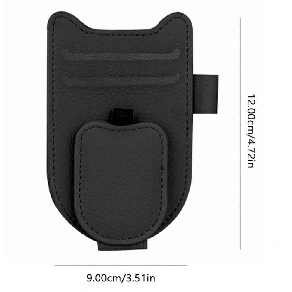 Multi-Functional Sunglasses Holder for Car Sun Visor Clip On PU Leather Card Organizer with Pen Loop - Black