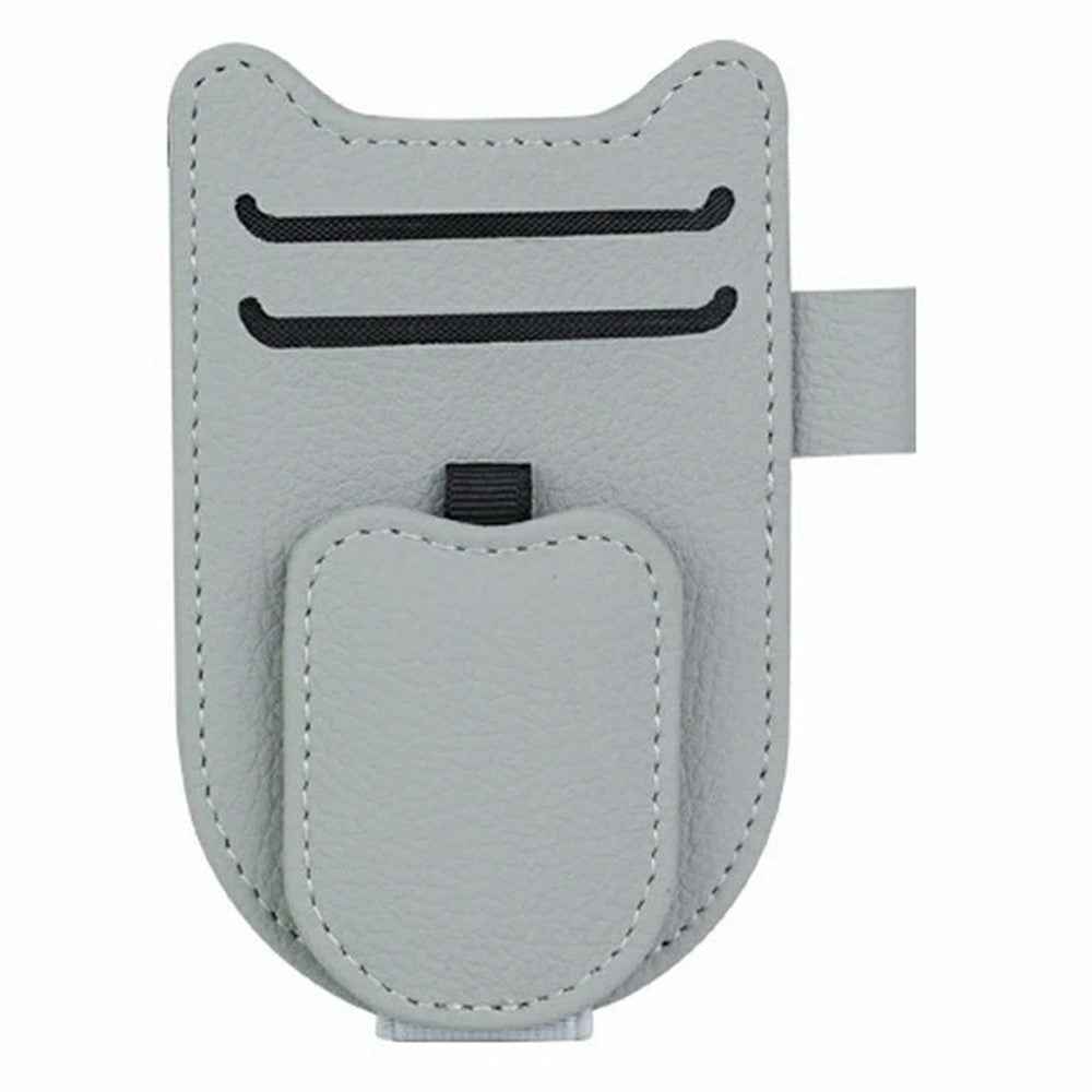 Multi-Functional Sunglasses Holder for Car Sun Visor Clip On PU Leather Card Organizer with Pen Loop - Grey