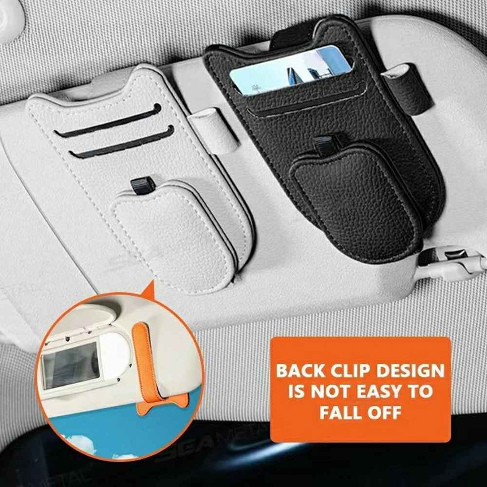 Multi-Functional Sunglasses Holder for Car Sun Visor Clip On PU Leather Card Organizer with Pen Loop - Grey