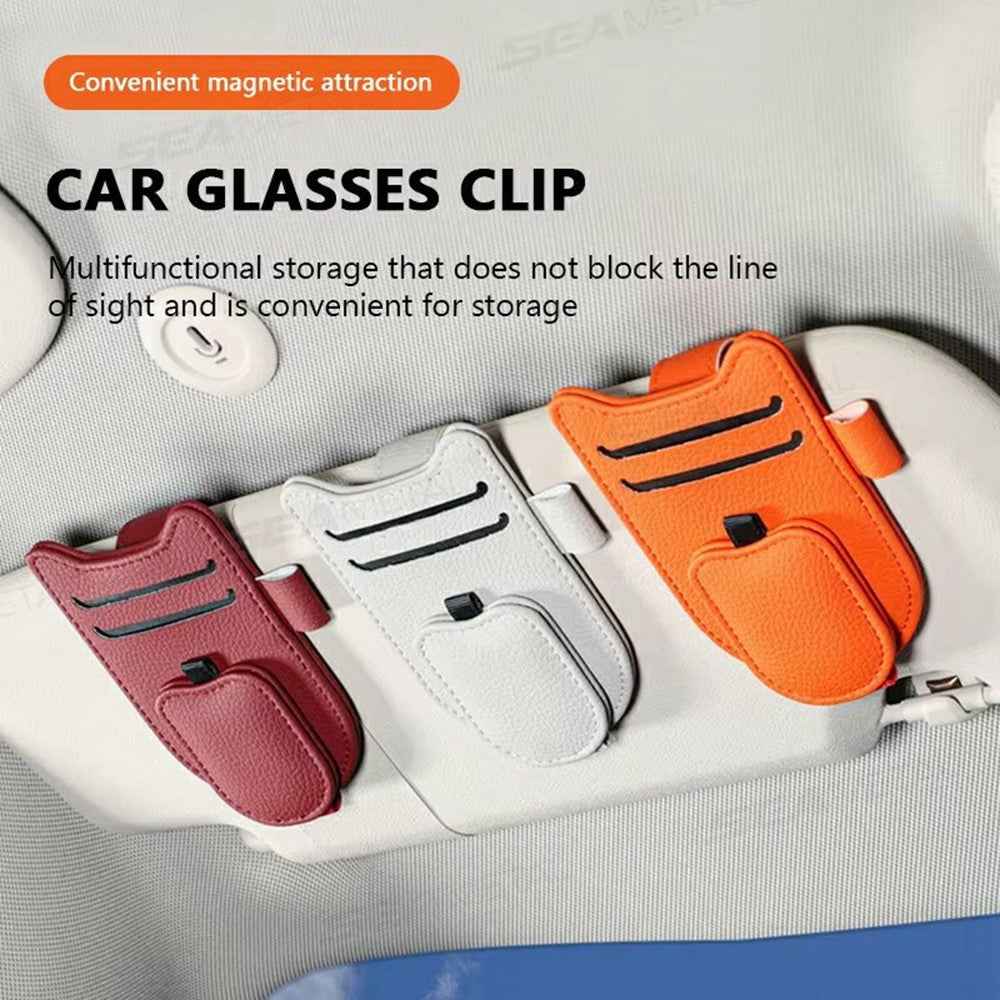 Multi-Functional Sunglasses Holder for Car Sun Visor Clip On PU Leather Card Organizer with Pen Loop - Beige