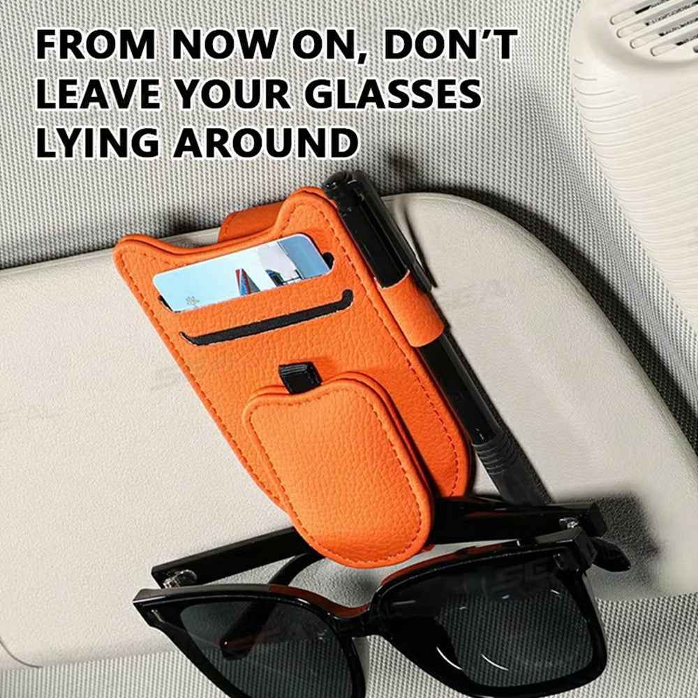 Multi-Functional Sunglasses Holder for Car Sun Visor Clip On PU Leather Card Organizer with Pen Loop - Beige