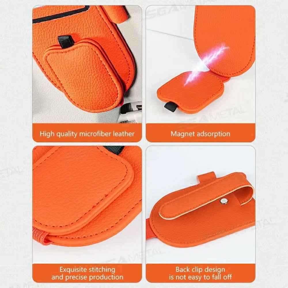 Multi-Functional Sunglasses Holder for Car Sun Visor Clip On PU Leather Card Organizer with Pen Loop - Beige