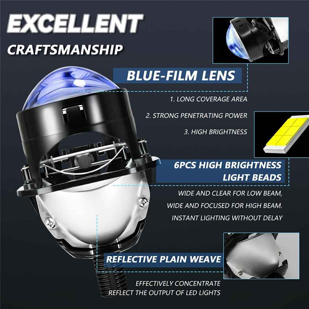 T02 1Pc 2.5 Inch Blue Film Lens Glare Free High Brightness Spotlight High Low Beam Car Headlight