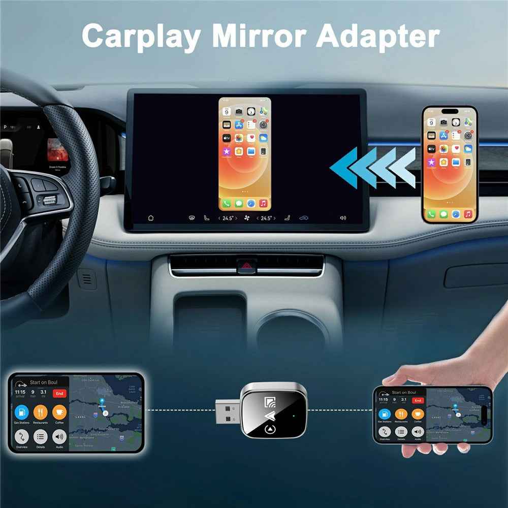 TYS-4222M 3 in 1 Mirror Wireless Car Play Adapter for Car Play / Android Auto Vehicles Wired to Wireless Converter Support Airplay - Black
