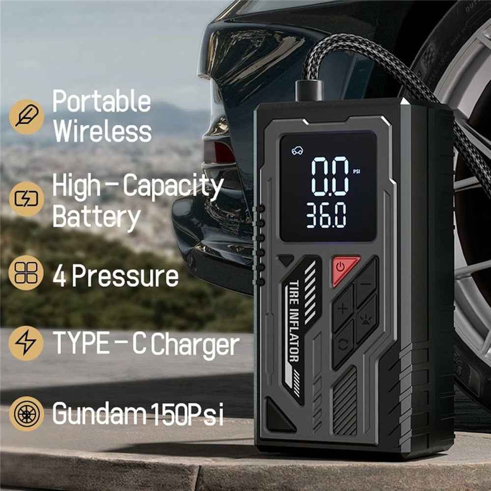 ATJ-026 150PSI Portable Wireless Tire Inflator Air Pump with LED Display / Fast Inflation / Auto Shut-Off for Car / Bike / Motorcycle - Black