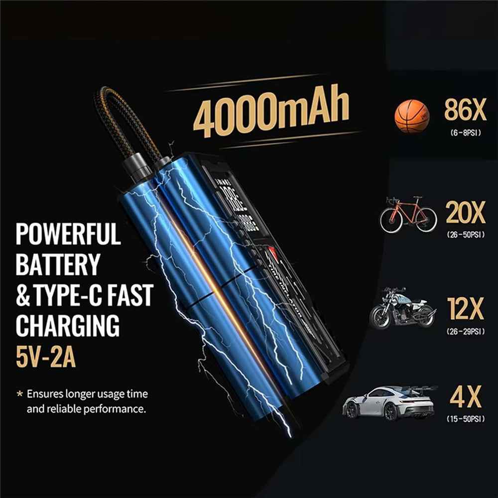 ATJ-026 150PSI Portable Wireless Tire Inflator Air Pump with LED Display / Fast Inflation / Auto Shut-Off for Car / Bike / Motorcycle - Black