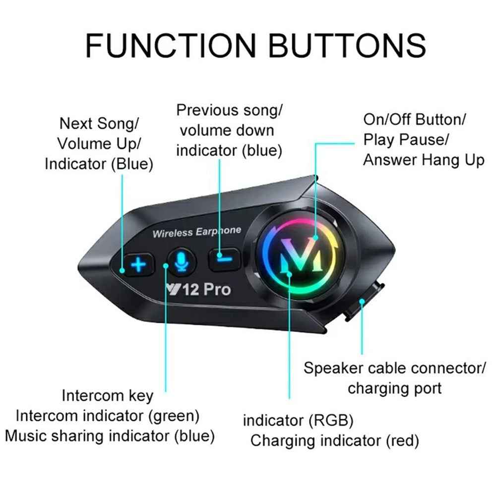 Y12 Pro Motorcycle Helmet Intercom Headset Wireless Hands-Free Earphones Hard Microphone for Riding - Black